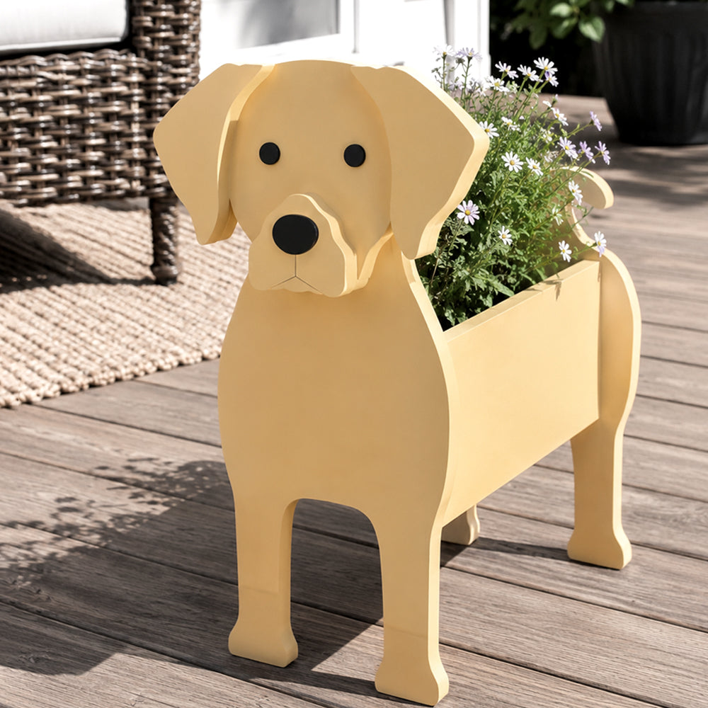 Labrador dog planter filled with fresh flowers is placed in the garden