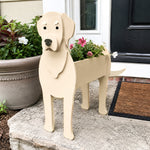 Labrador dog planter filled with fresh flowers is placed in the garden
