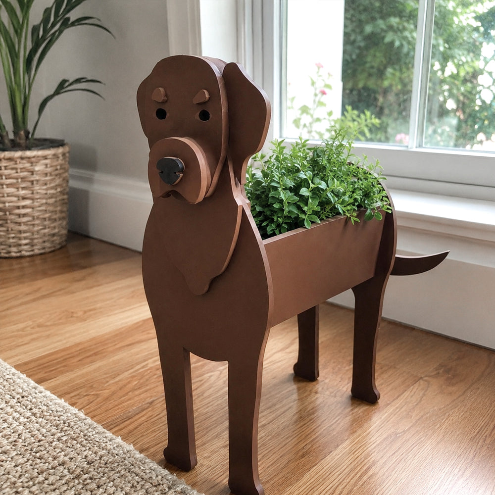 Labrador dog planter filled with fresh flowers is placed in the room