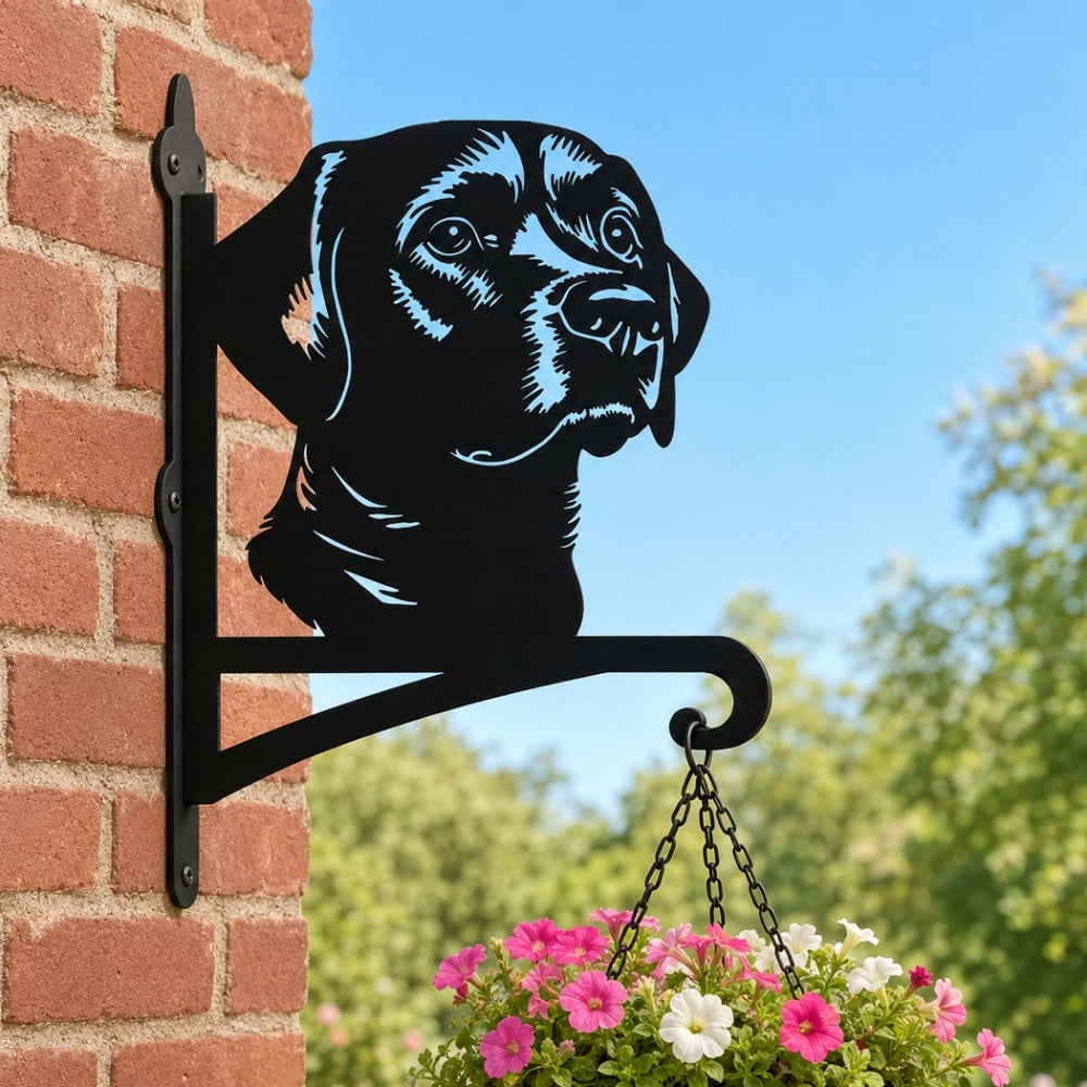 Labrador metal hanging basket bracket mounted on outdoor wall for plant decoration