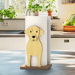 Labrador Wooden Dog Paper Towel Holder displayed on a kitchen countertop with a freestanding paper towel roll