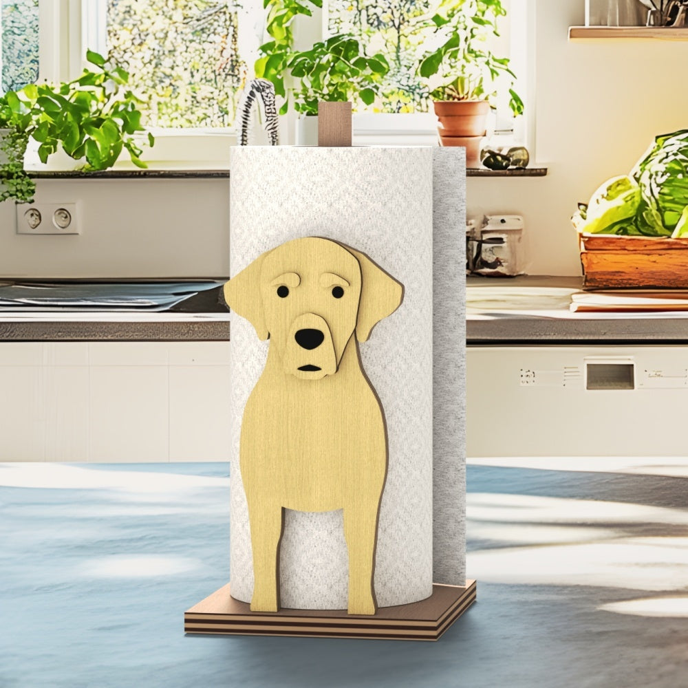 Labrador Wooden Dog Paper Towel Holder displayed on a kitchen countertop with a freestanding paper towel roll