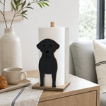 Labrador Wooden Dog Paper Towel Holder displayed on a kitchen countertop with a freestanding paper towel roll