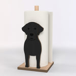Labrador Wooden Dog Paper Towel Holder displayed on a kitchen countertop with a freestanding paper towel roll