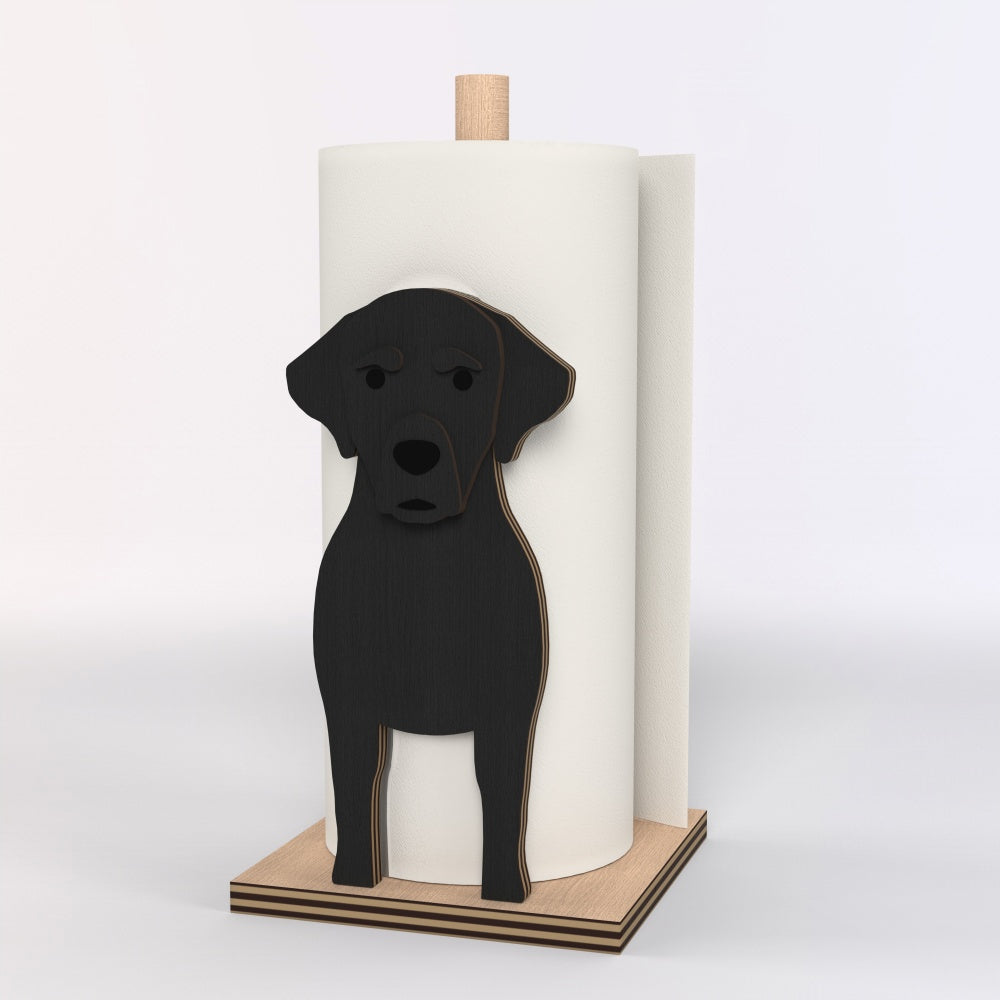 Labrador Wooden Dog Paper Towel Holder displayed on a kitchen countertop with a freestanding paper towel roll