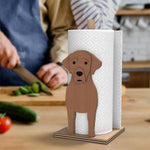 Labrador Wooden Dog Paper Towel Holder displayed on a kitchen countertop with a freestanding paper towel roll