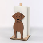 Labrador Wooden Dog Paper Towel Holder displayed on a kitchen countertop with a freestanding paper towel roll