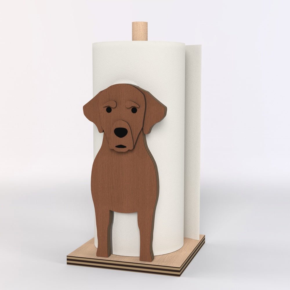 Labrador Wooden Dog Paper Towel Holder displayed on a kitchen countertop with a freestanding paper towel roll