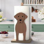 Labrador Wooden Dog Paper Towel Holder displayed on a kitchen countertop with a freestanding paper towel roll