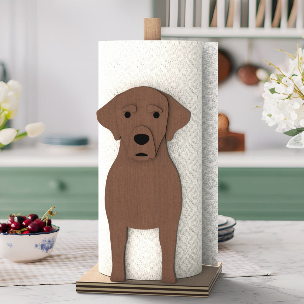 Labrador Wooden Dog Paper Towel Holder displayed on a kitchen countertop with a freestanding paper towel roll