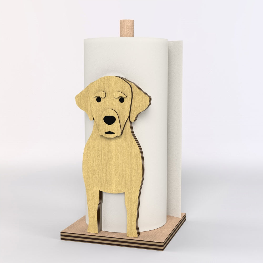 Labrador Wooden Dog Paper Towel Holder displayed on a kitchen countertop with a freestanding paper towel roll