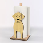 Labrador Wooden Dog Paper Towel Holder displayed on a kitchen countertop with a freestanding paper towel roll
