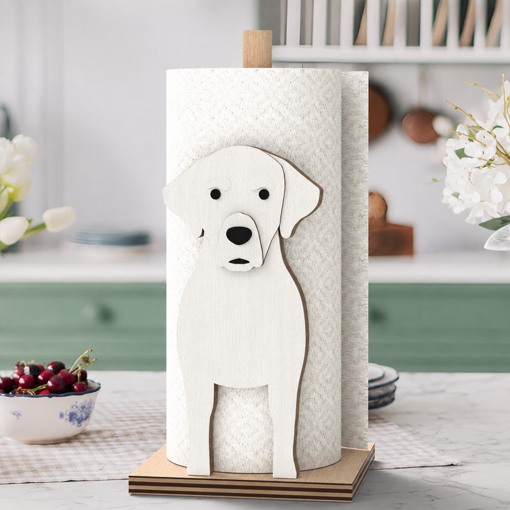 Labrador Wooden Dog Paper Towel Holder displayed on a kitchen countertop with a freestanding paper towel roll