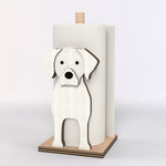 Labrador Wooden Dog Paper Towel Holder displayed on a kitchen countertop with a freestanding paper towel roll