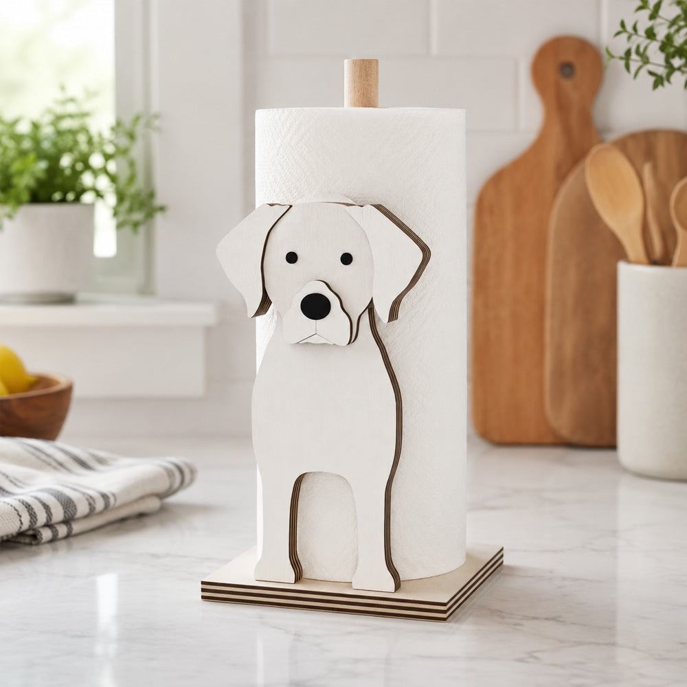 Labrador Wooden Dog Paper Towel Holder displayed on a kitchen countertop with a freestanding paper towel roll