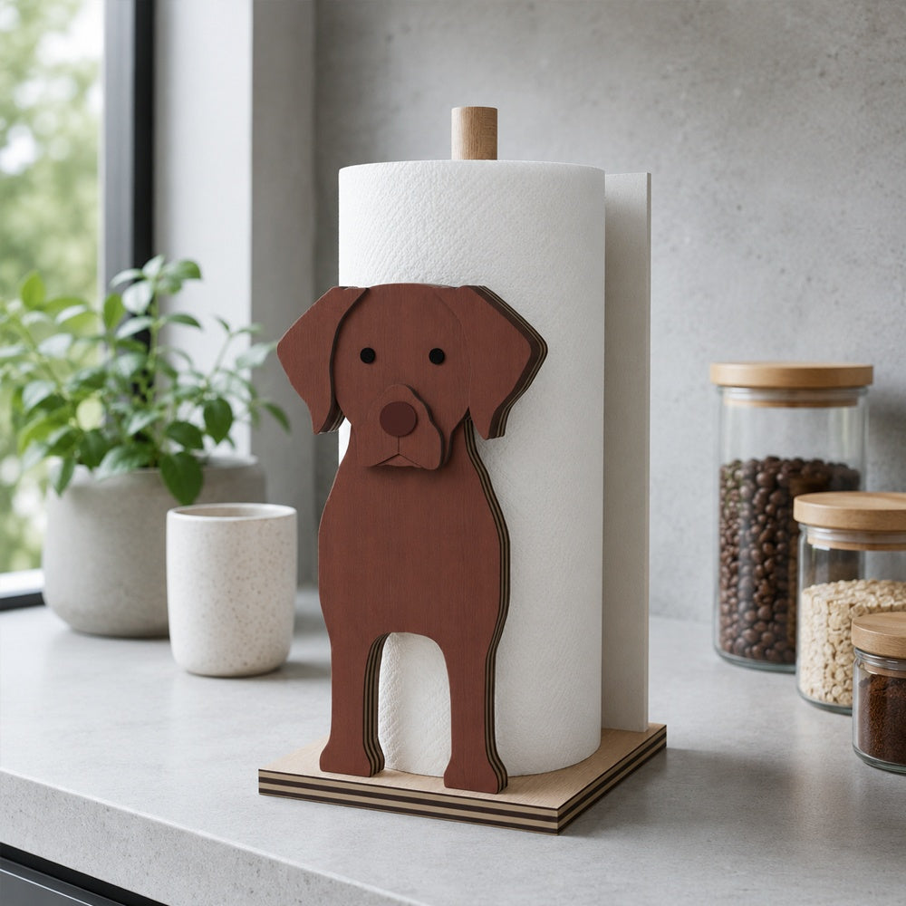 Labrador Wooden Dog Paper Towel Holder displayed on a kitchen countertop with a freestanding paper towel roll