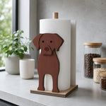Labrador Wooden Dog Paper Towel Holder displayed on a kitchen countertop with a freestanding paper towel roll