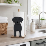 Labrador Wooden Dog Paper Towel Holder displayed on a kitchen countertop with a freestanding paper towel roll