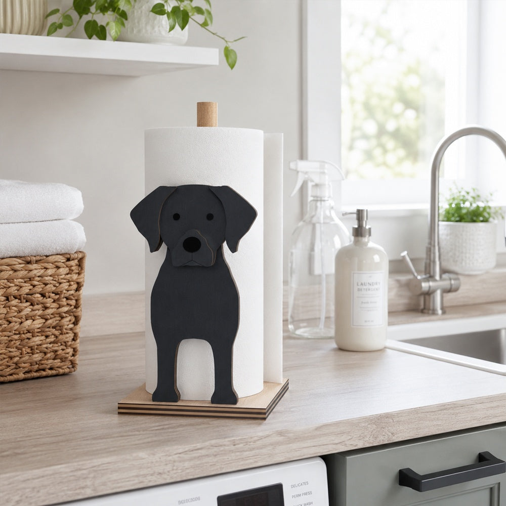 Labrador Wooden Dog Paper Towel Holder displayed on a kitchen countertop with a freestanding paper towel roll
