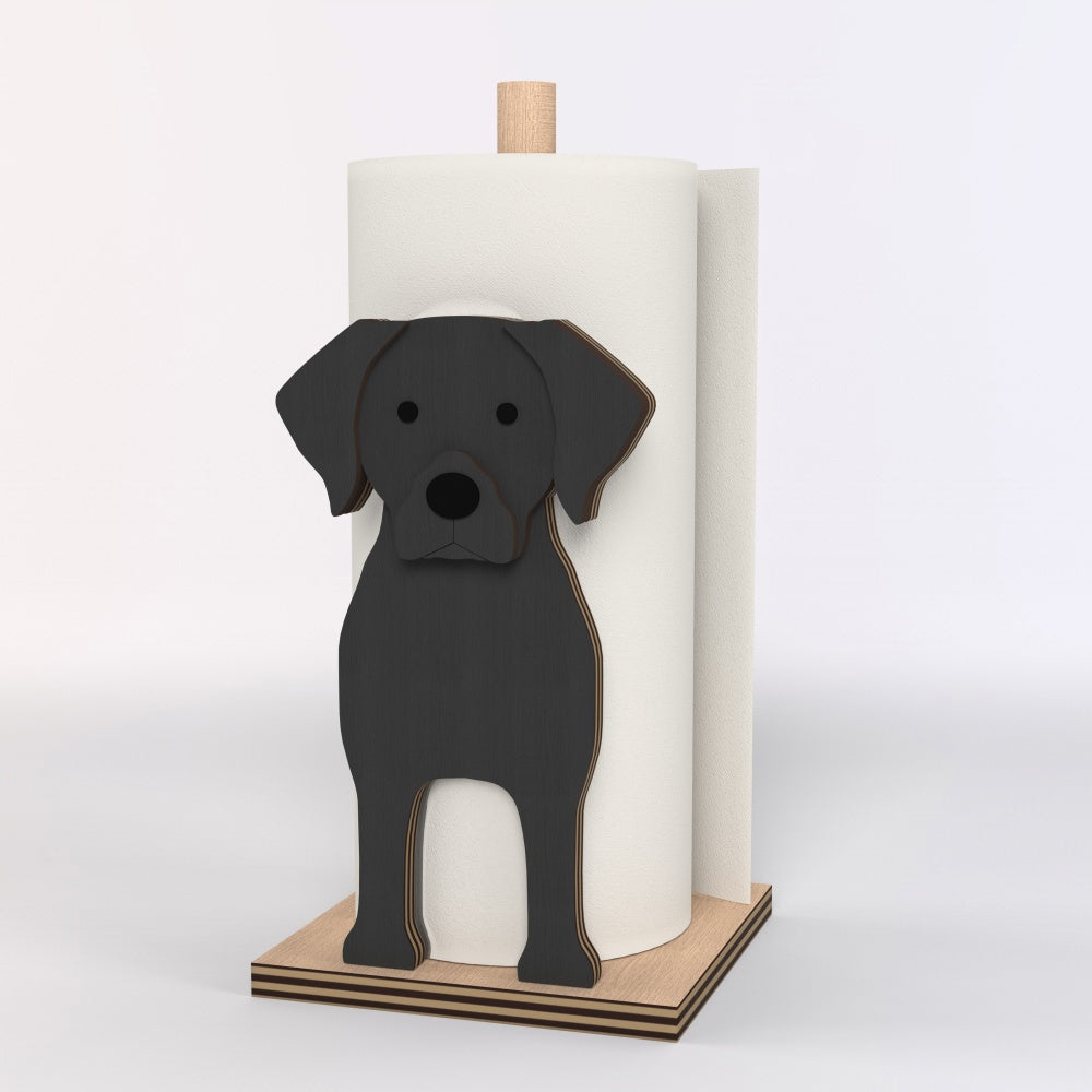 Labrador Wooden Dog Paper Towel Holder displayed on a kitchen countertop with a freestanding paper towel roll