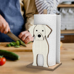 Labrador Wooden Dog Paper Towel Holder displayed on a kitchen countertop with a freestanding paper towel roll