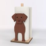 Labrador Wooden Dog Paper Towel Holder displayed on a kitchen countertop with a freestanding paper towel roll