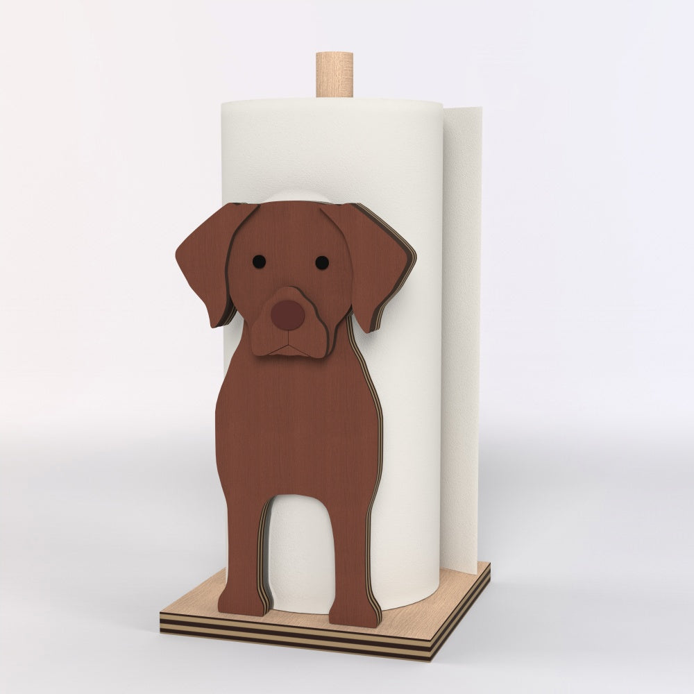 Labrador Wooden Dog Paper Towel Holder displayed on a kitchen countertop with a freestanding paper towel roll