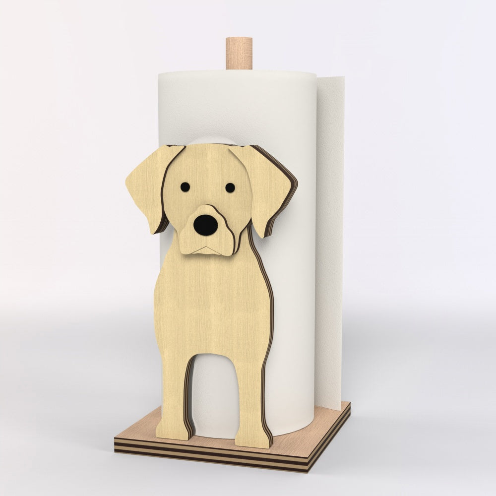 Labrador Wooden Dog Paper Towel Holder displayed on a kitchen countertop with a freestanding paper towel roll