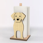 Labrador Wooden Dog Paper Towel Holder displayed on a kitchen countertop with a freestanding paper towel roll
