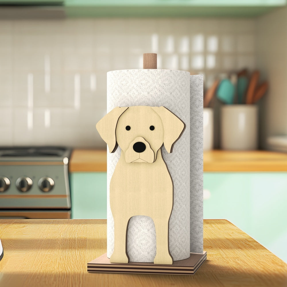 Labrador Wooden Dog Paper Towel Holder displayed on a kitchen countertop with a freestanding paper towel roll