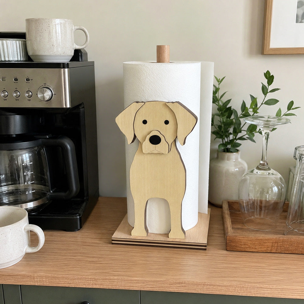 Labrador Wooden Dog Paper Towel Holder displayed on a kitchen countertop with a freestanding paper towel roll