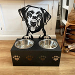 Personalized labrador retriever metal dog bowl stand with custom name cutout and two removable feeding bowls