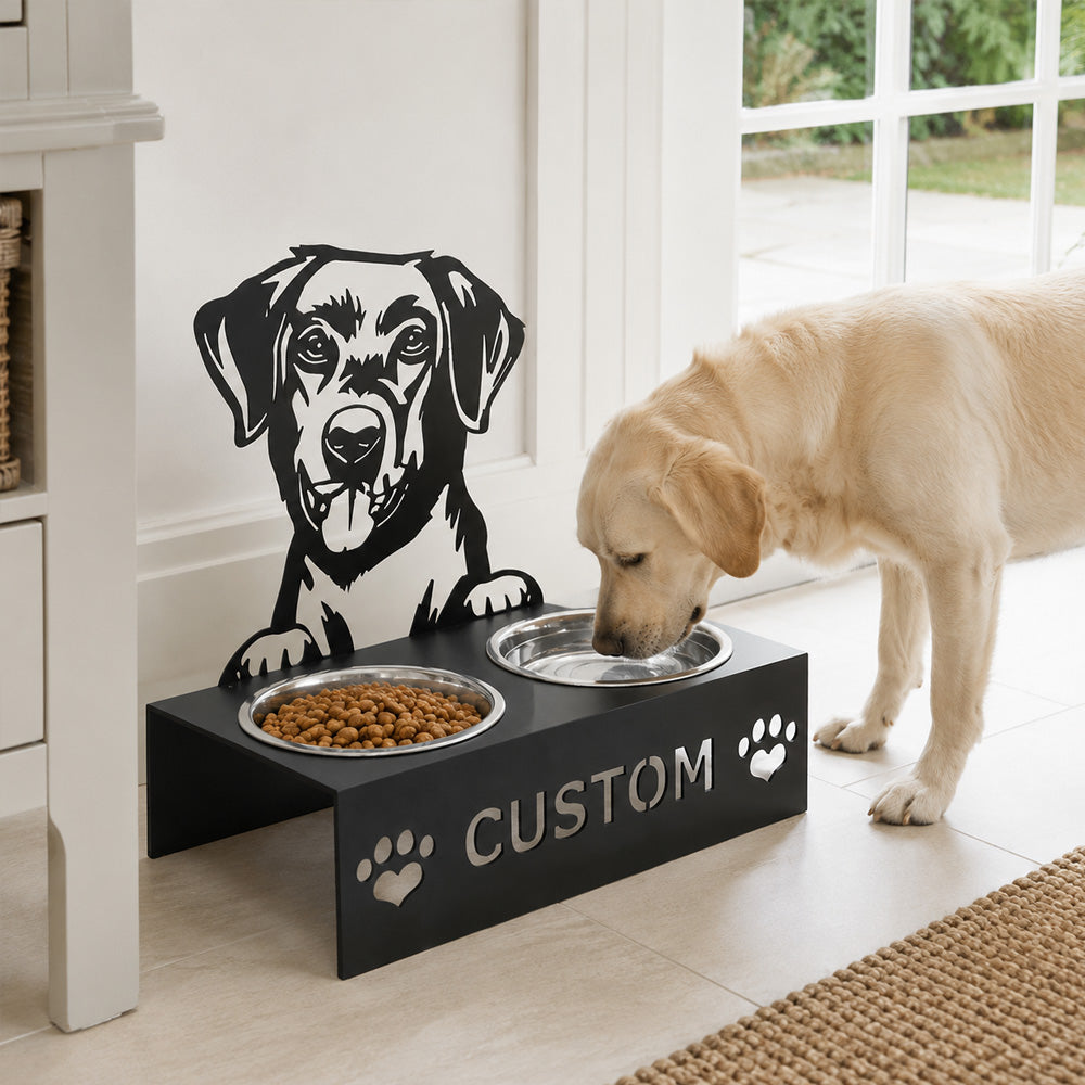 Personalized labrador retriever metal dog bowl stand with custom name cutout and two removable feeding bowls
