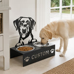 Personalized labrador retriever metal dog bowl stand with custom name cutout and two removable feeding bowls