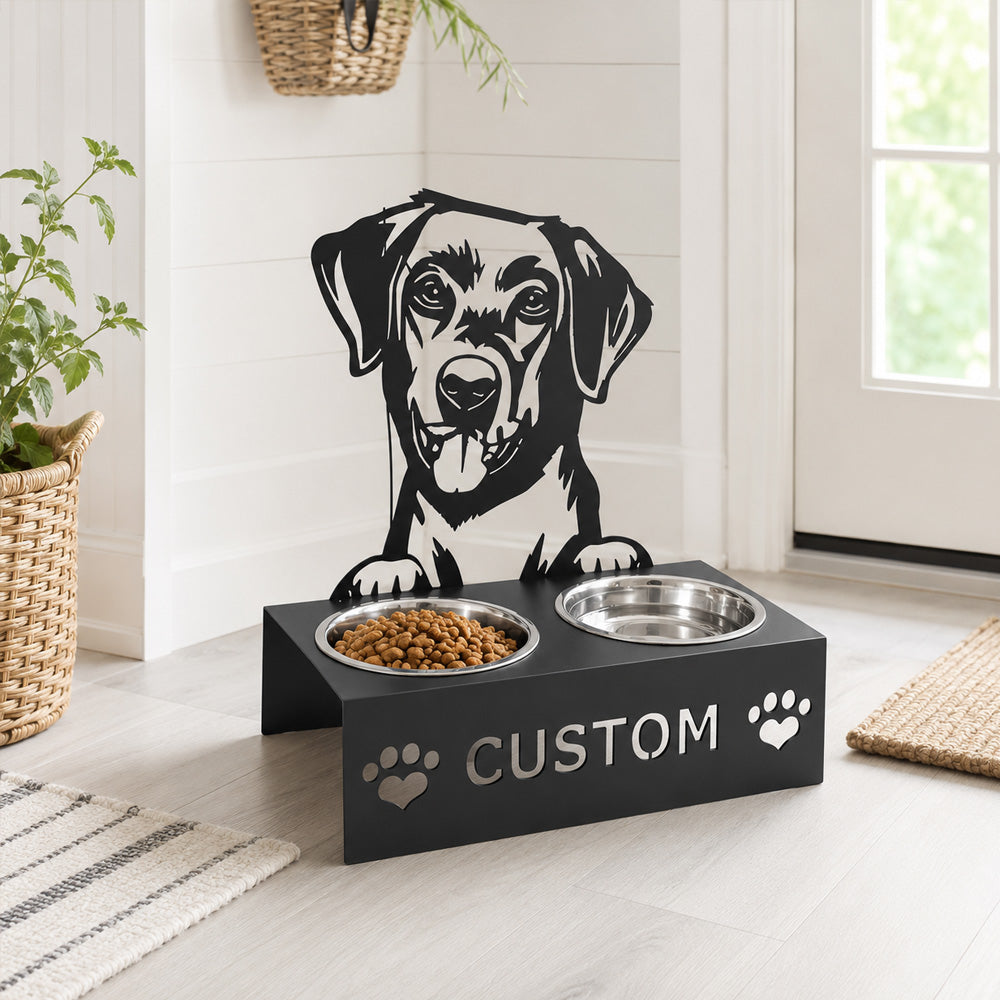Personalized labrador retriever metal dog bowl stand with custom name cutout and two removable feeding bowls