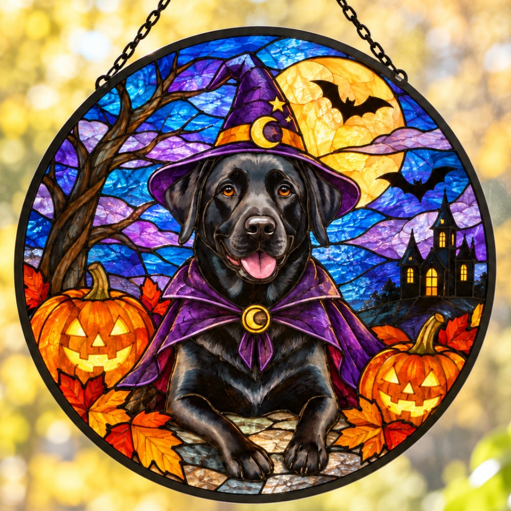 Labrador Retriever Halloween stained glass suncatcher window hanging, suitable for home and garden decoration