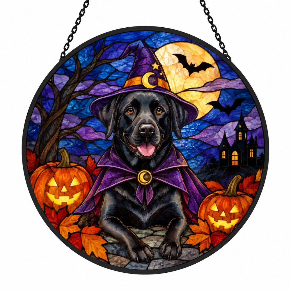 Labrador Retriever Halloween stained glass suncatcher window hanging, suitable for home and garden decoration