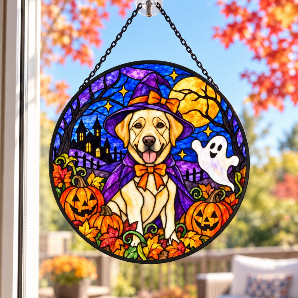 Labrador Retriever Halloween stained glass suncatcher window hanging, suitable for home and garden decoration