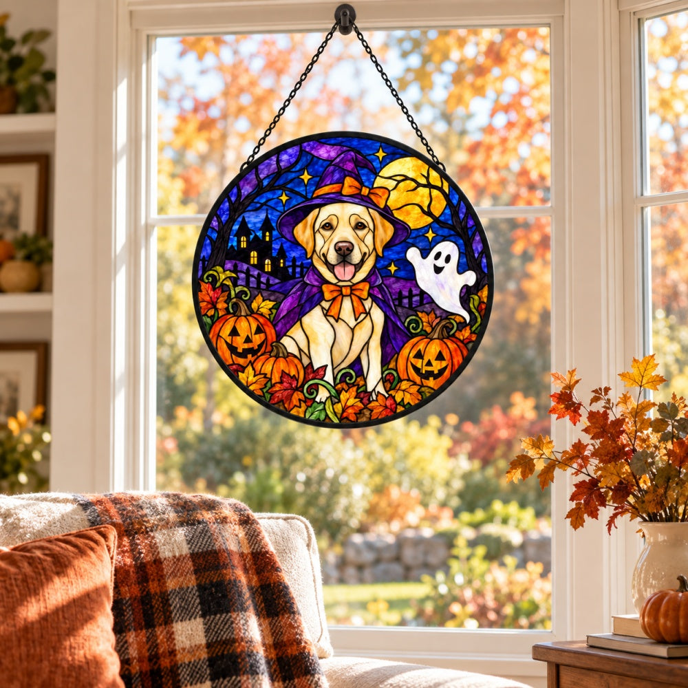 Labrador Retriever Halloween stained glass suncatcher window hanging, suitable for home and garden decoration