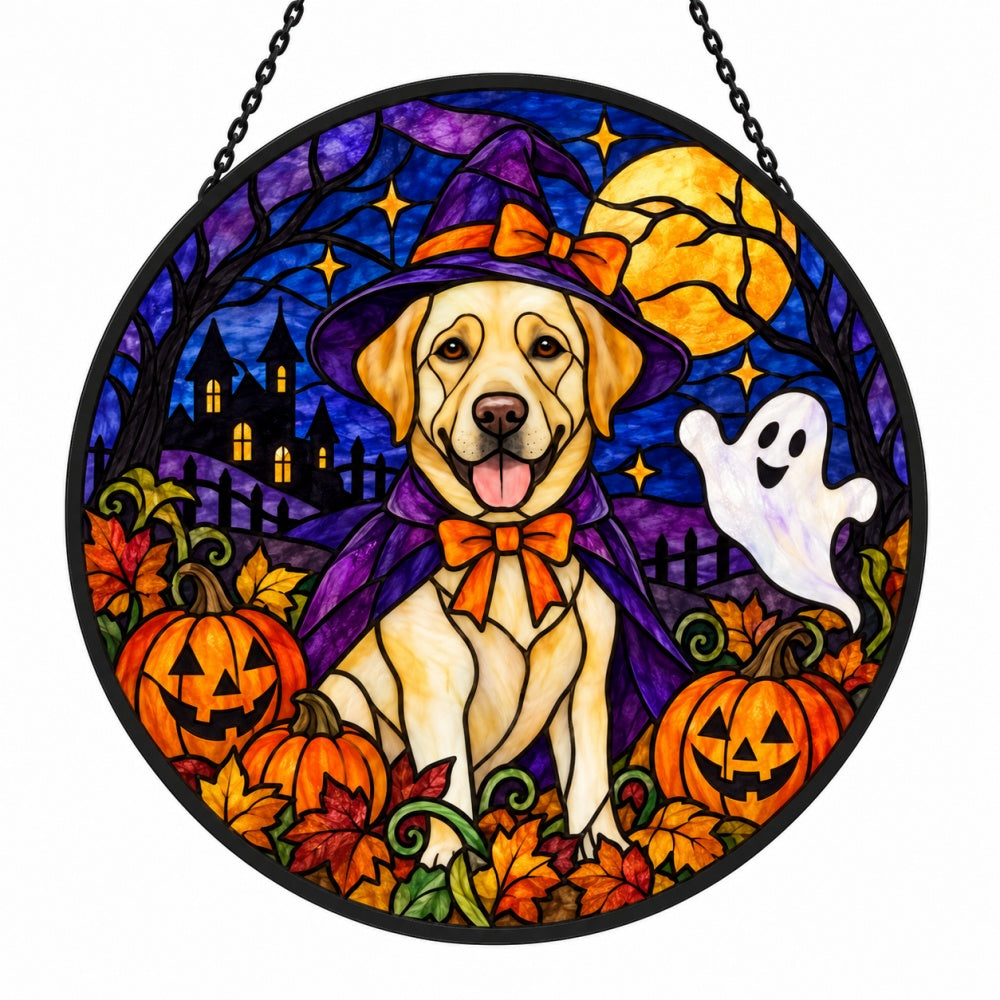 Labrador Retriever Halloween stained glass suncatcher window hanging, suitable for home and garden decoration