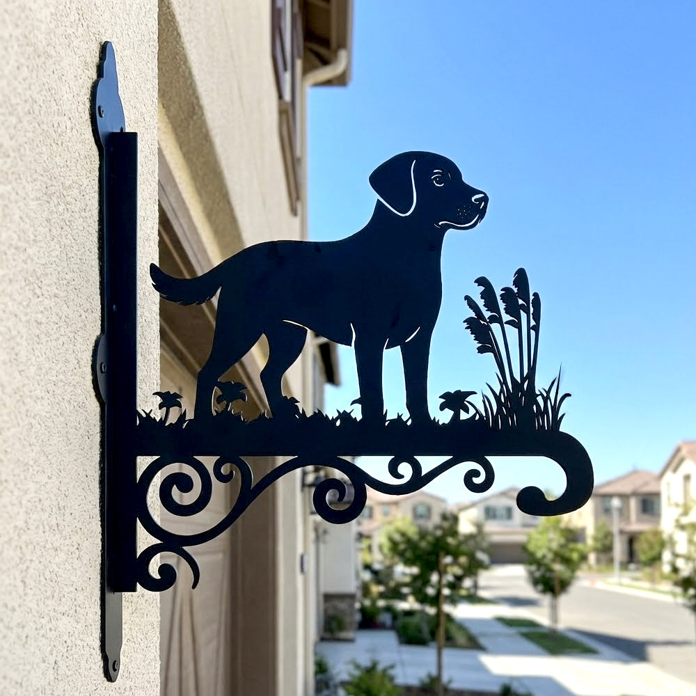 Labrador metal hanging basket bracket mounted on outdoor wall for plant decoration