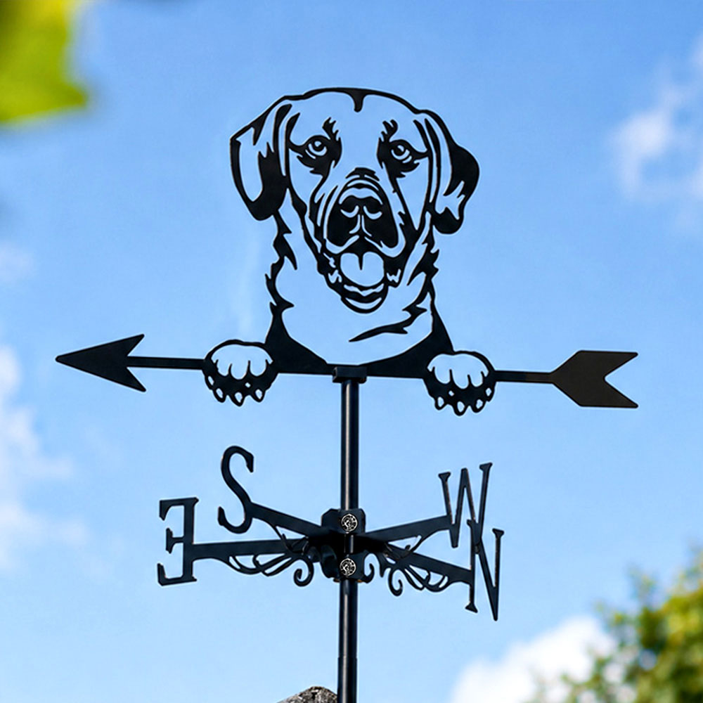 Labrador retriever metal weather vane with directional arrows and mounting rod, outdoor roof and garden decoration