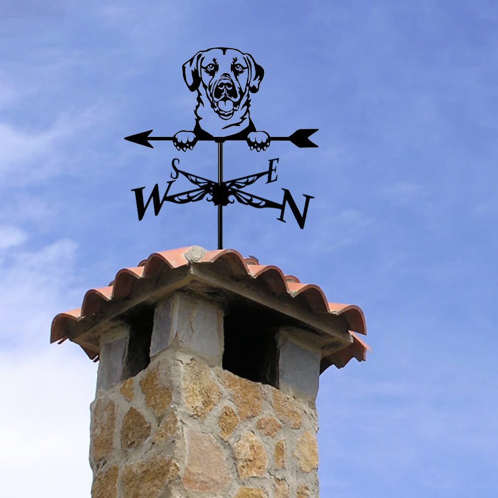 Labrador retriever metal weather vane with directional arrows and mounting rod, outdoor roof and garden decoration