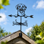 Labrador retriever metal weather vane with directional arrows and mounting rod, outdoor roof and garden decoration