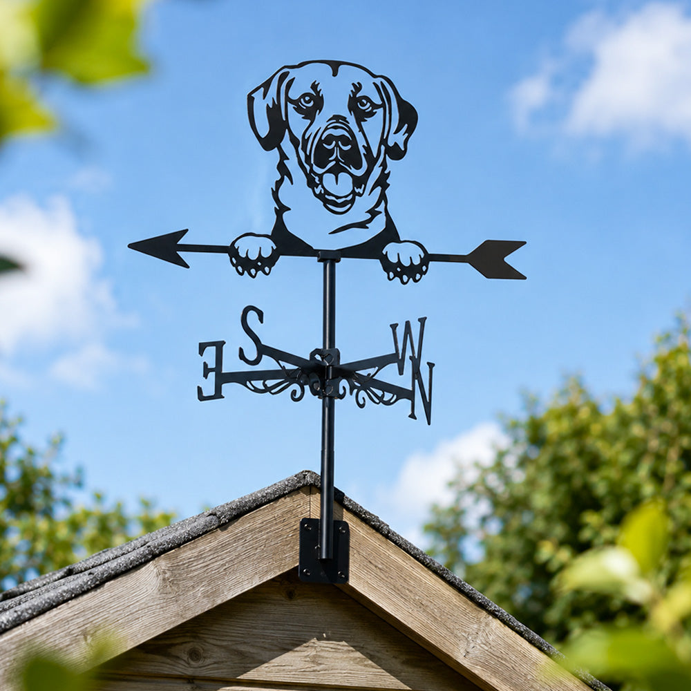 Labrador retriever metal weather vane with directional arrows and mounting rod, outdoor roof and garden decoration
