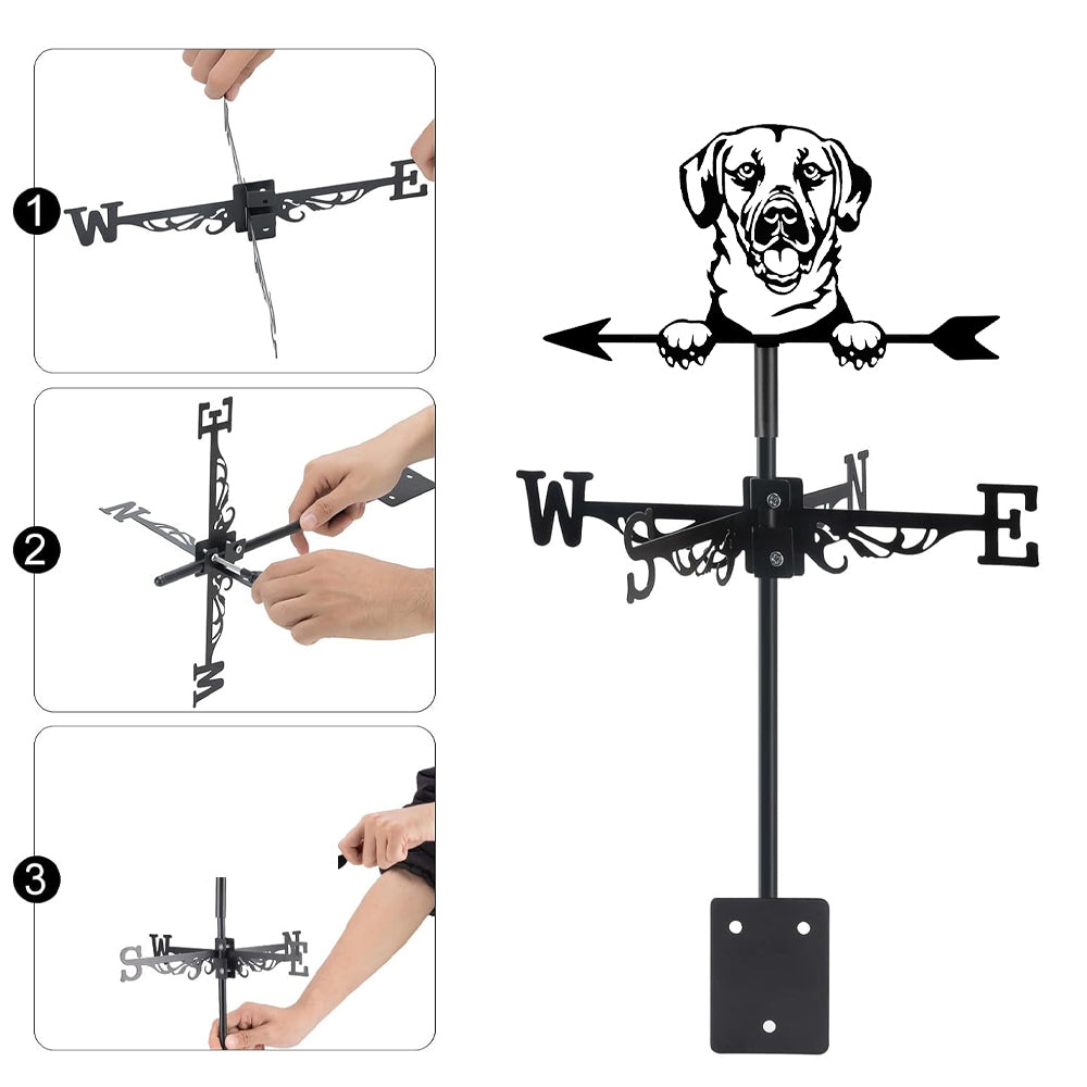 Labrador retriever metal weather vane with directional arrows and mounting rod, outdoor roof and garden decoration