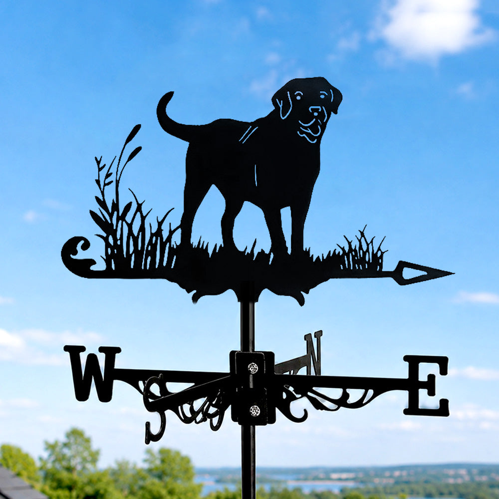 Labrador retriever metal weather vane with directional arrows and mounting rod, outdoor roof and garden decoration