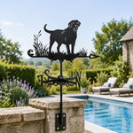 Labrador retriever metal weather vane with directional arrows and mounting rod, outdoor roof and garden decoration