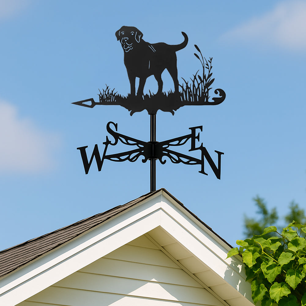 Labrador retriever metal weather vane with directional arrows and mounting rod, outdoor roof and garden decoration