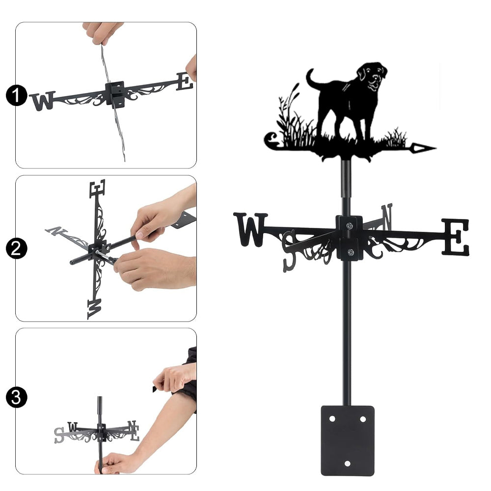 Labrador retriever metal weather vane with directional arrows and mounting rod, outdoor roof and garden decoration